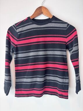 Hawk Boys Small Long Sleeve Striped Shirt Navy Red Gray
